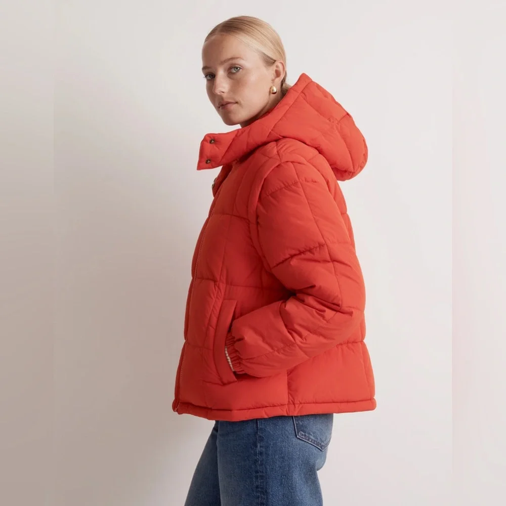 Madewell Red Modular Quilted Crop Puffer Jacket (Removable Hood and Sleeves) - Picture 3 of 12